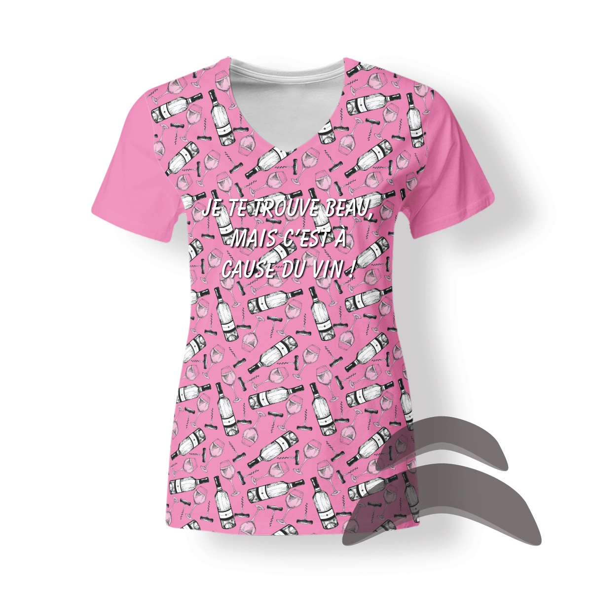 T-SHirt_V-Neck_FEMME_VINO_ROSE1_HUMOUR_Beau à cause vin