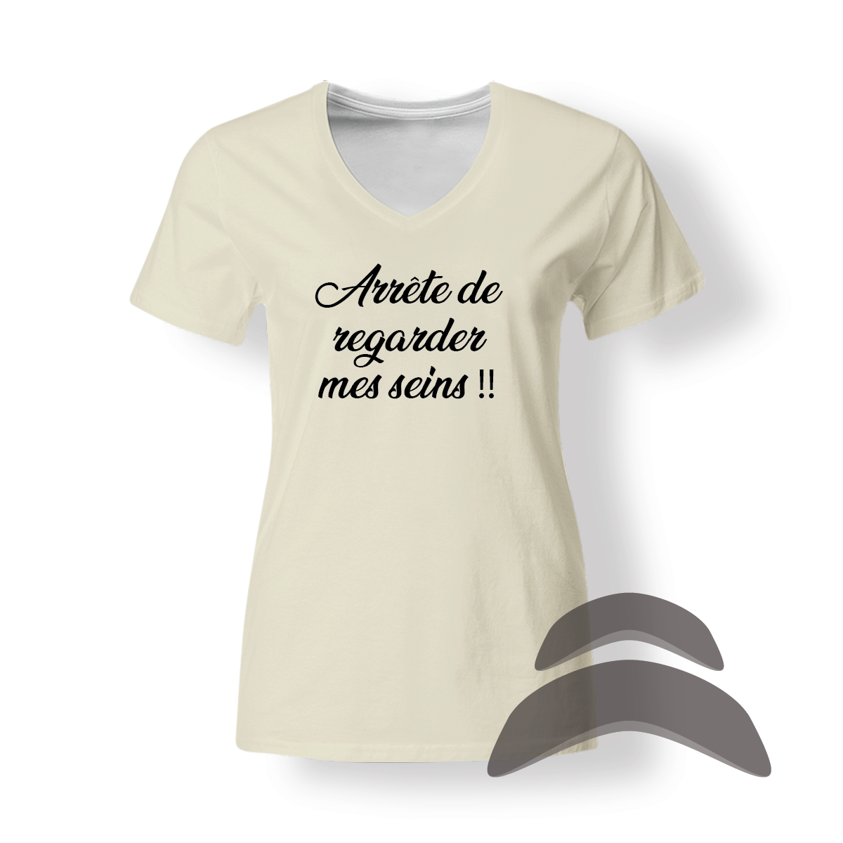 T-Shirt_Col_Rond_FEMME_BEIGE_HUMOUR_Arrete regarder seins